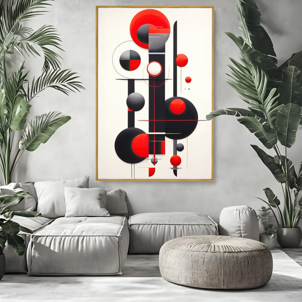 Tablou canvas cu tablou canvas cu forme geometrice abstracte, in rama de aluminiu auriu, pe perete intr-un living
